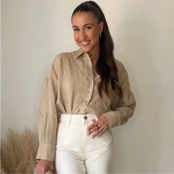 Zara 100% linen Button Down Shirt Tan Size Medium Casual - Picture 1 of 10